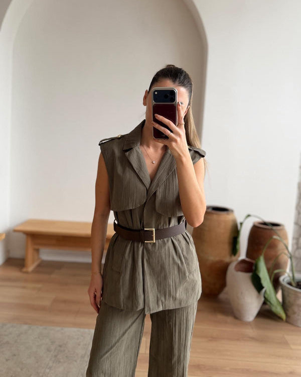 Leoni Haki Kemerli Yelek-Pantolon Takım