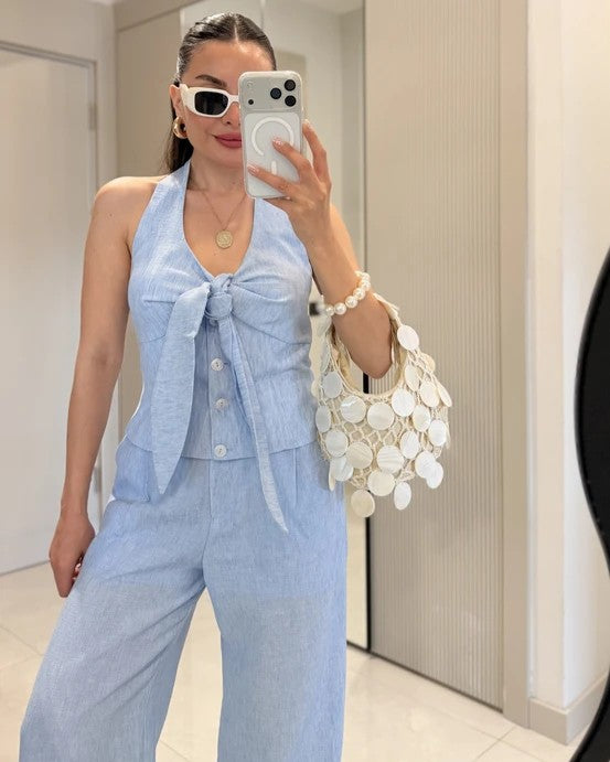 Loveme Tie-Up Linen Crop with pants