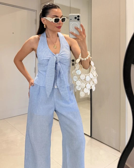 Loveme Tie-Up Linen Crop with pants