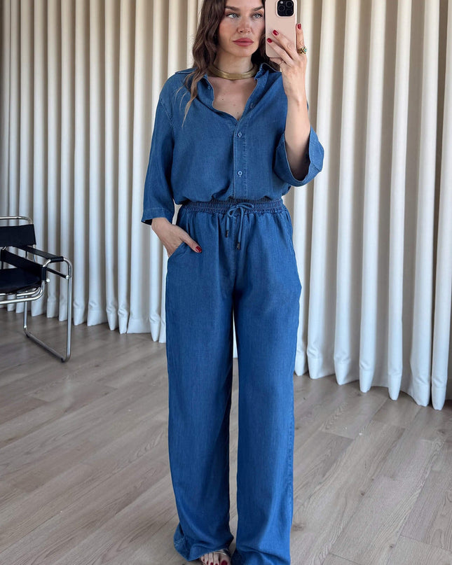 Blue Shirt Trousers Tencel Set