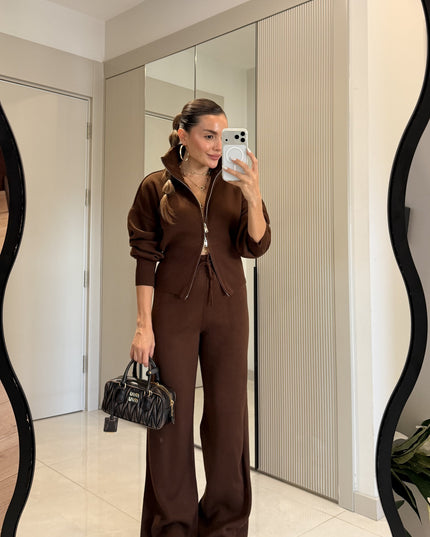 Maya Brown Zippered Knit Set