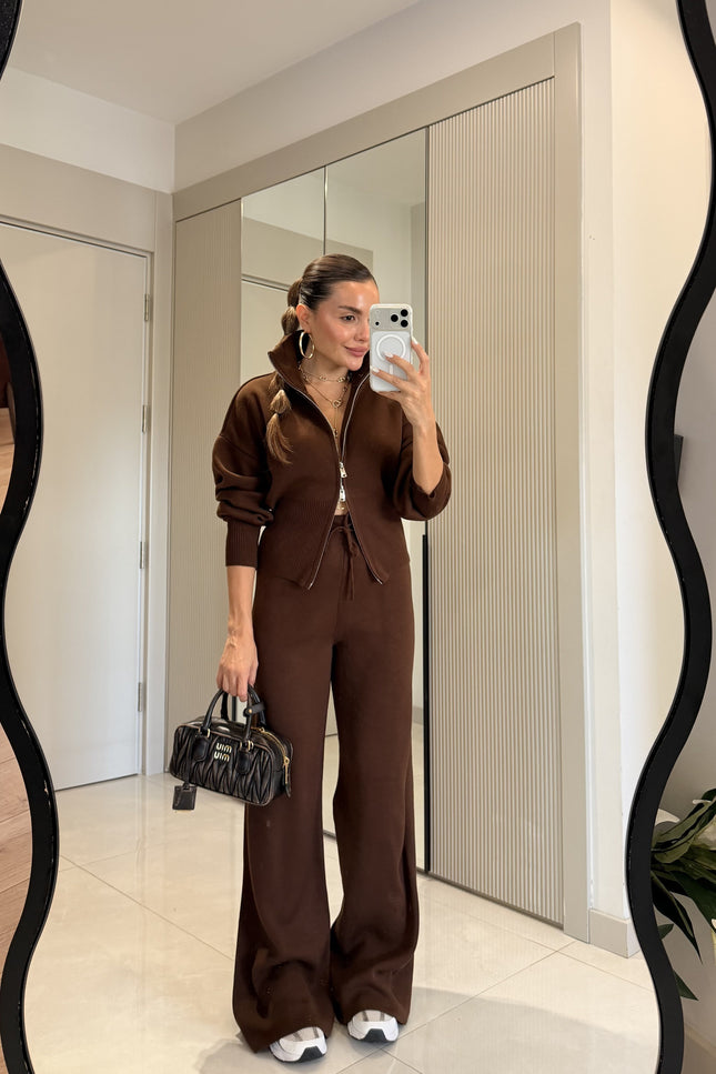 Maya Brown Zippered Knit Set