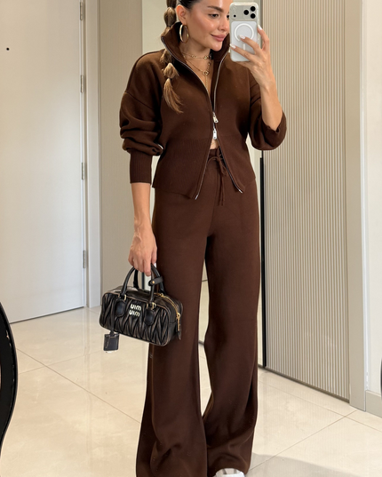 Maya Brown Zippered Knit Set