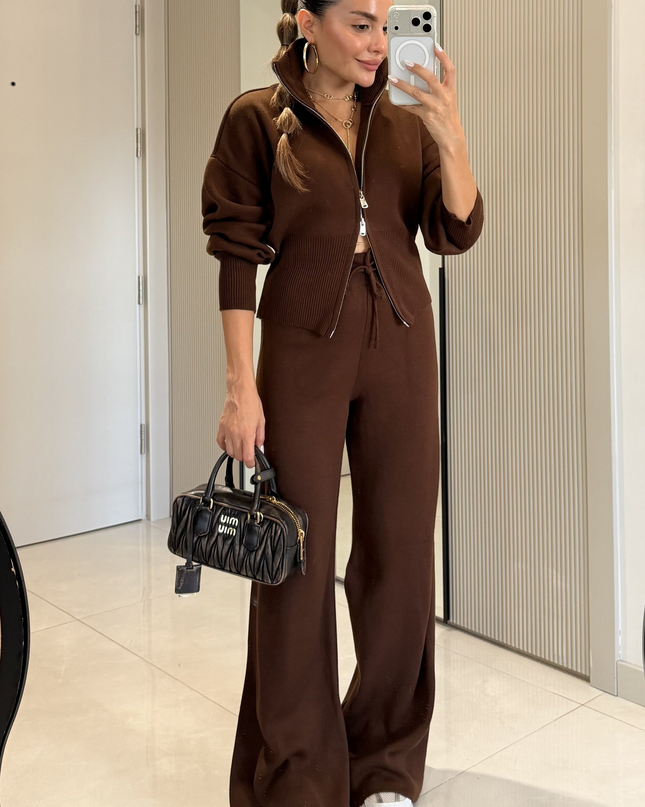 Maya Brown Zippered Knit Set