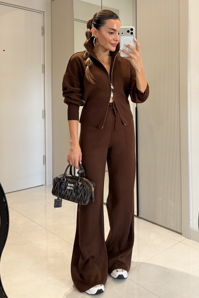 Maya Brown Zippered Knit Set
