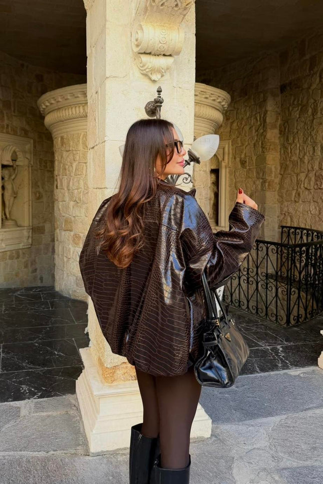 Miora Bitter Brown Snake Textured Leather Bomber