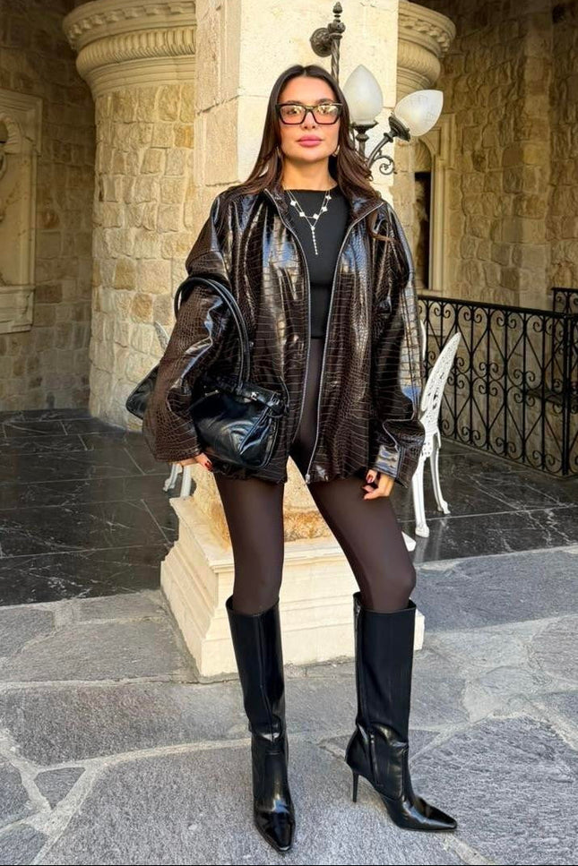 Miora Bitter Brown Snake Textured Leather Bomber