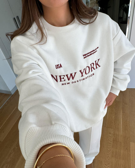 New York Embroidered Raised Tracksuit-Ecru