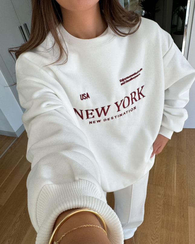 New York Embroidered Raised Tracksuit-Ecru