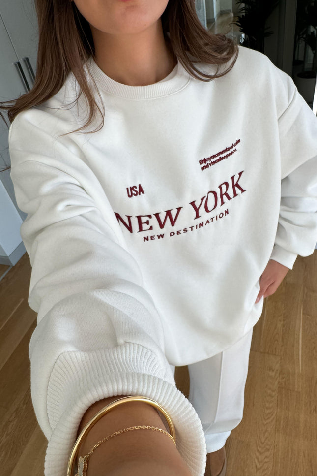New York Embroidered Raised Tracksuit-Ecru