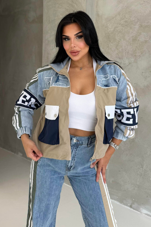 Number Detailed Denim Set Beige