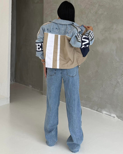 Number Detailed Denim Set Beige