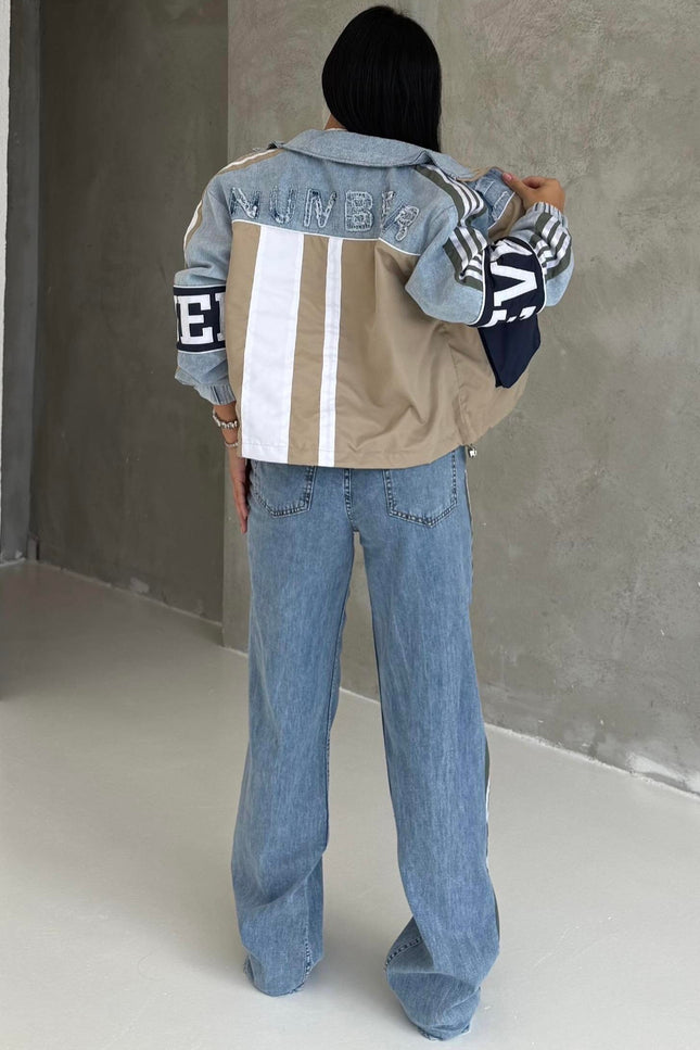 Number Detailed Denim Set Beige
