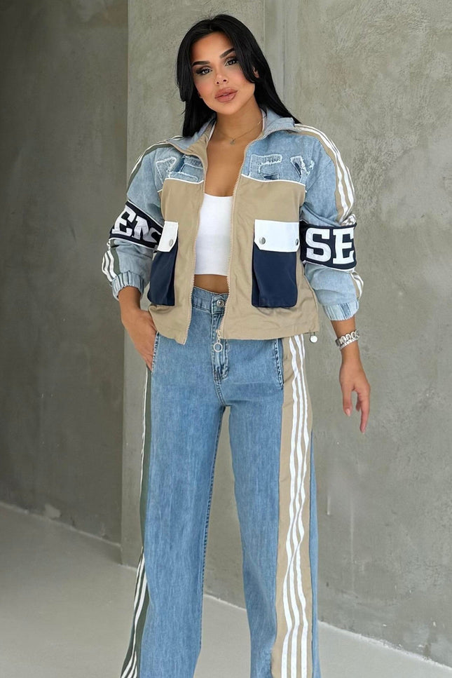 Number Detailed Denim Set Beige