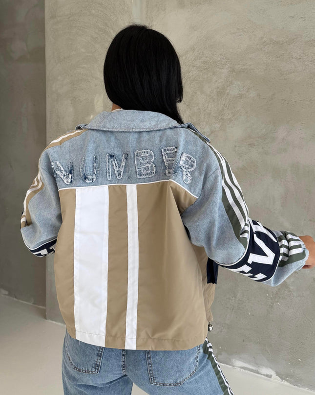 Number Detailed Denim Set Beige