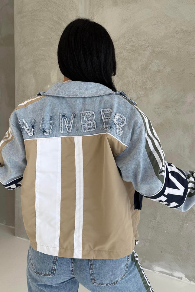 Number Detailed Denim Set Beige