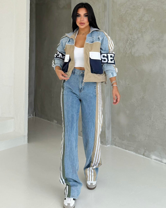 Number Detailed Denim Set Beige