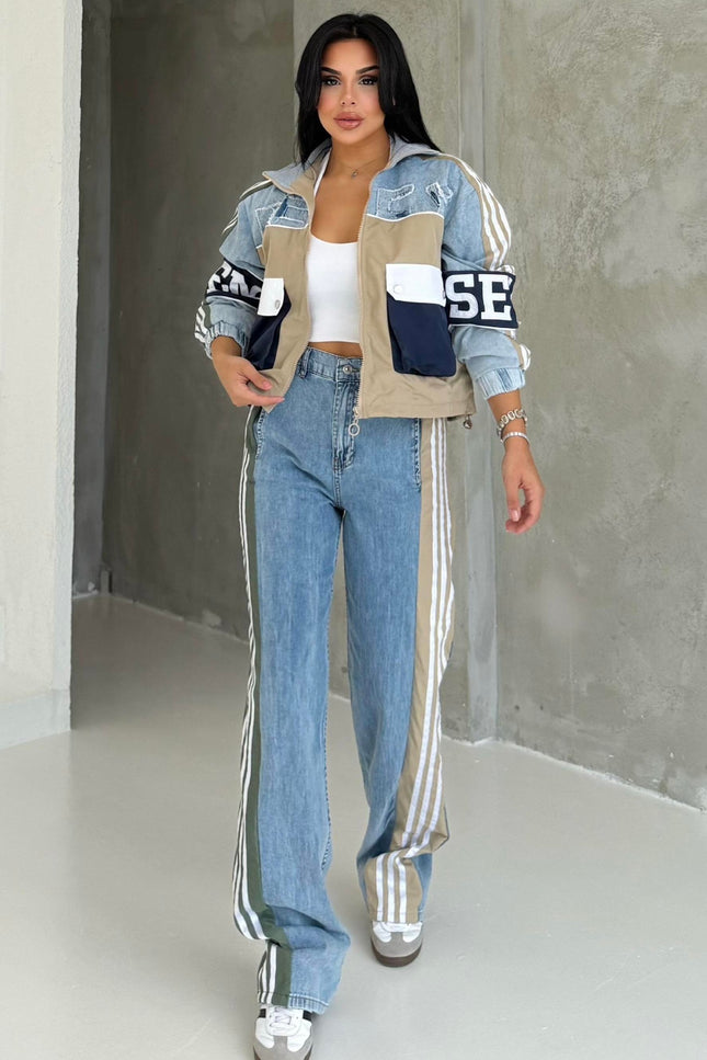 Number Detailed Denim Set Beige