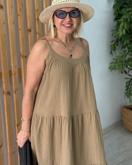 Olive Adjustable Strap Long Cotton Dress