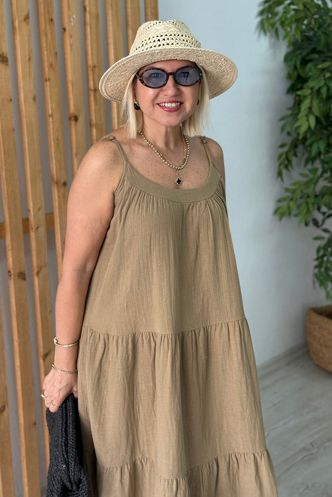 Olive Adjustable Strap Long Cotton Dress