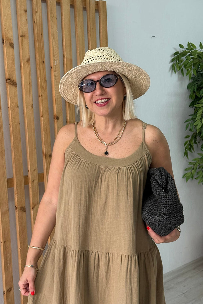 Olive Adjustable Strap Long Cotton Dress