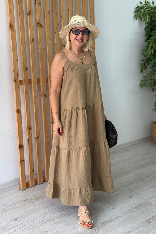 Olive Adjustable Strap Long Cotton Dress