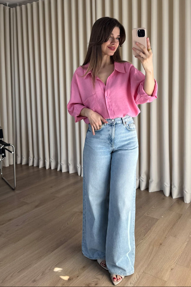 Pembe Oversize Modal Kumaş Gömlek