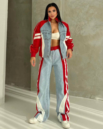 Russet Parachute Detailed Denim Tracksuit Red