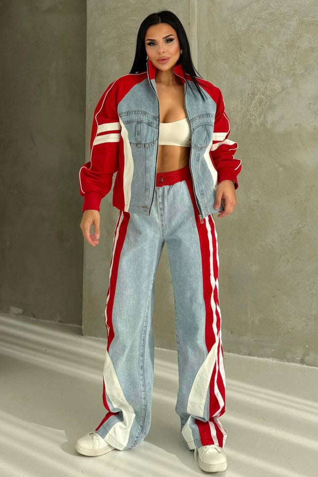 Russet Parachute Detailed Denim Tracksuit Red