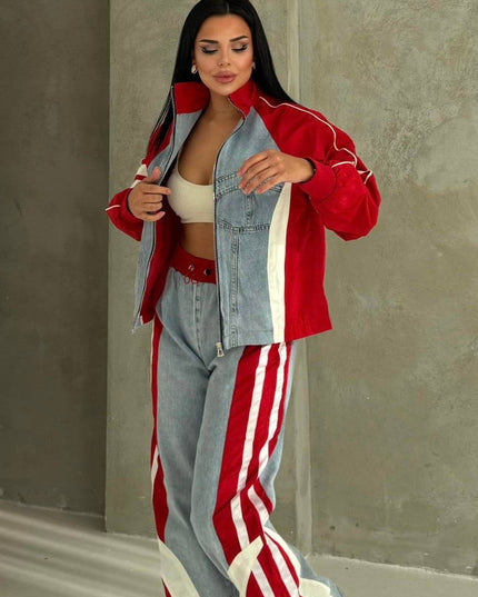 Russet Parachute Detailed Denim Tracksuit Red