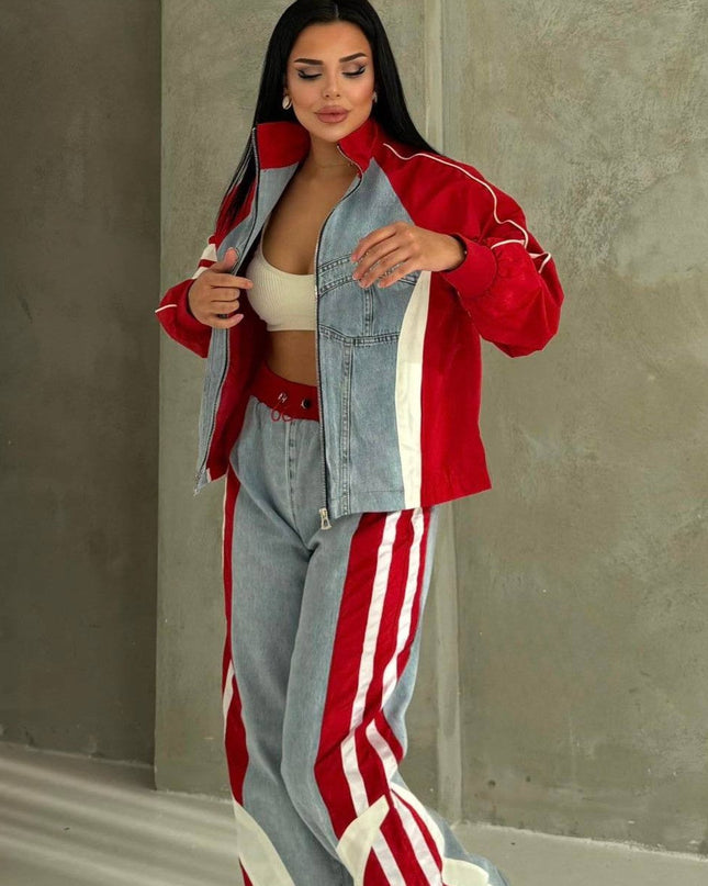 Russet Parachute Detailed Denim Tracksuit Red