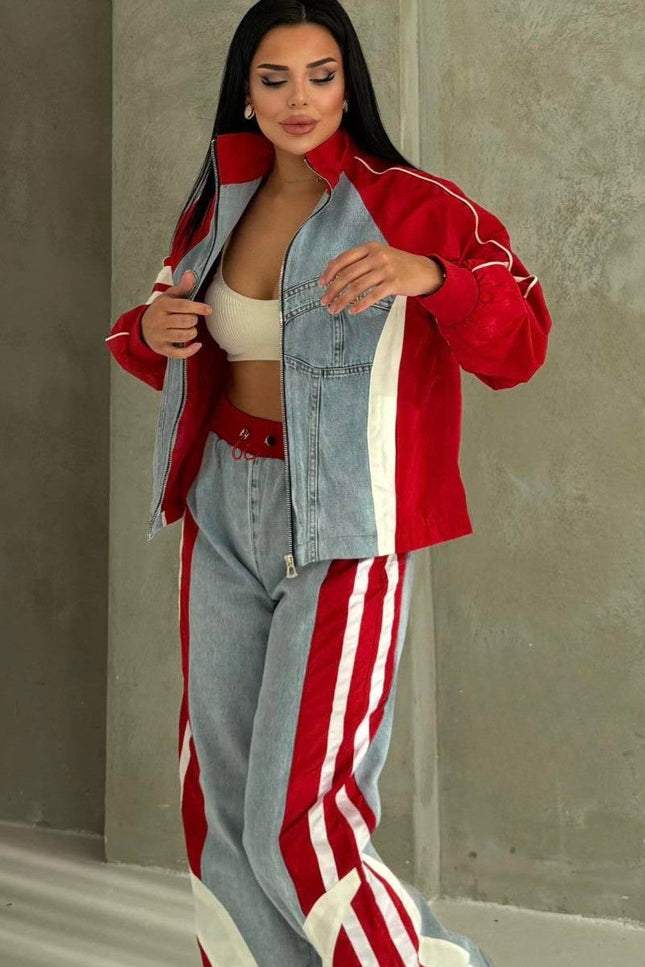 Russet Parachute Detailed Denim Tracksuit Red