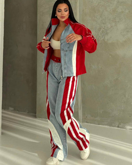 Russet Parachute Detailed Denim Tracksuit Red