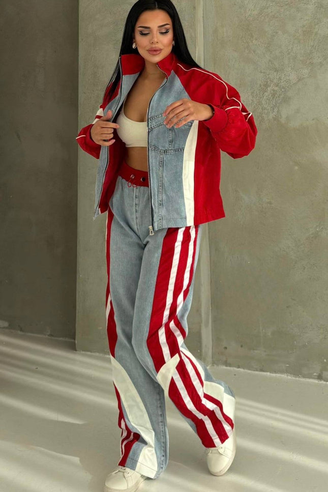 Russet Parachute Detailed Denim Tracksuit Red