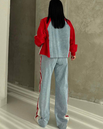 Russet Parachute Detailed Denim Tracksuit Red