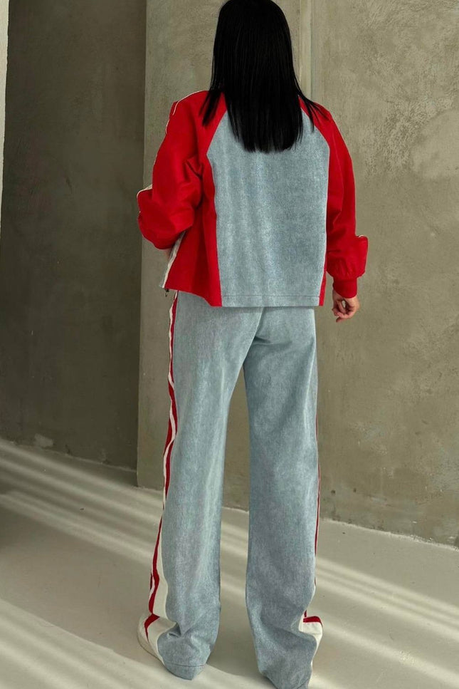 Russet Parachute Detailed Denim Tracksuit Red