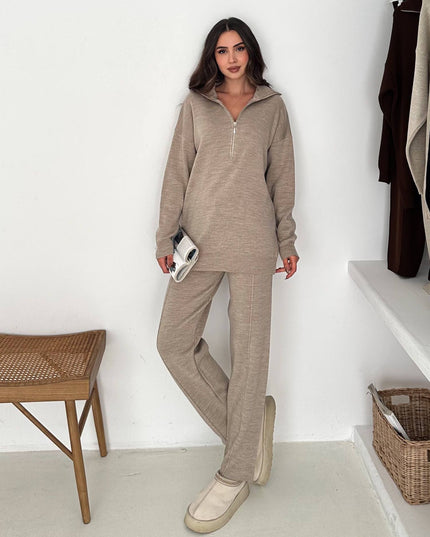 Mandy Knit Half-Zip Set -Beige