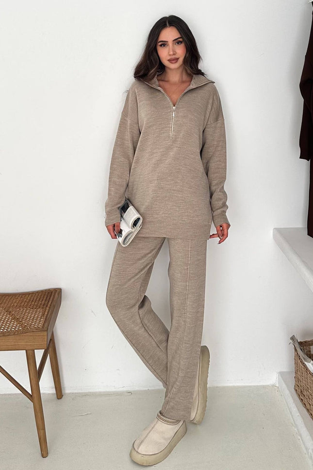 Mandy Knit Half-Zip Set -Beige