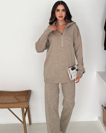 Mandy Knit Half-Zip Set -Beige