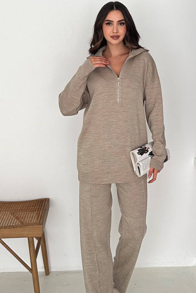 Mandy Knit Half-Zip Set -Beige