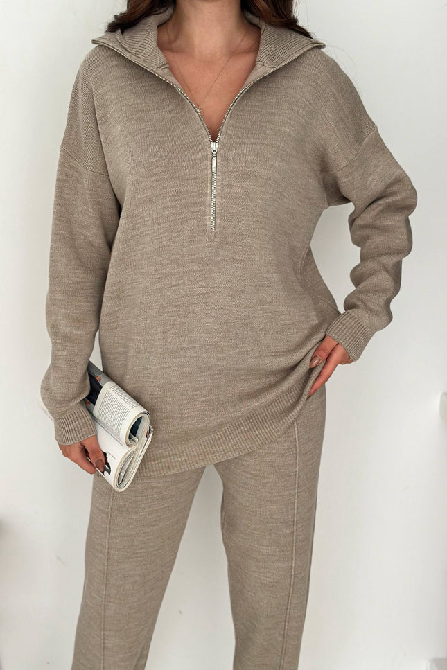 Mandy Knit Half-Zip Set -Beige