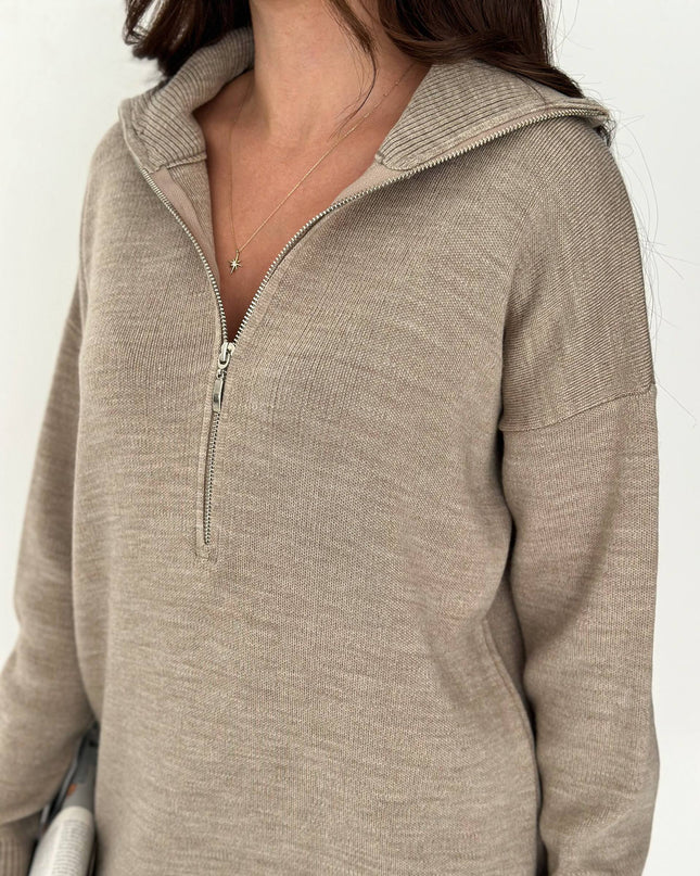 Mandy Knit Half-Zip Set -Beige