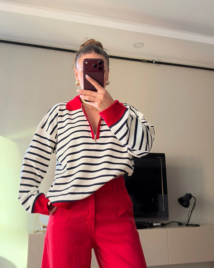 Red Polo-Collar Half-Zip Knit Sweater