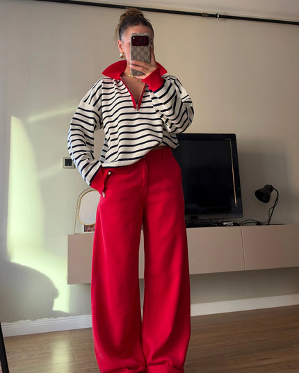 Red Polo-Collar Half-Zip Knit Sweater