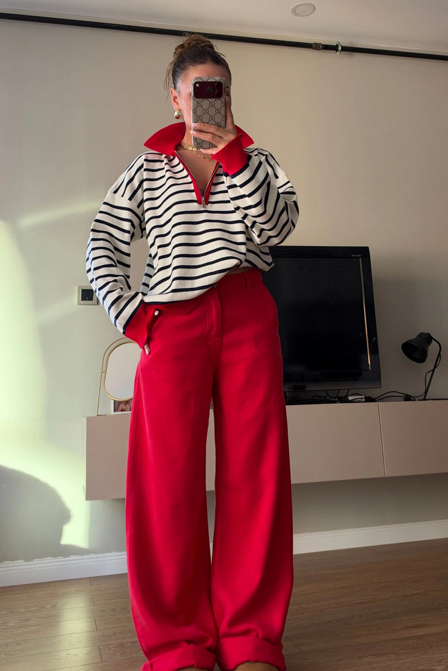 Red Polo-Collar Half-Zip Knit Sweater