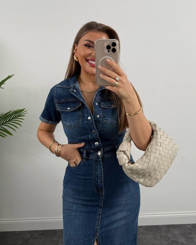 Premium Seri Kısa Kol Midi Boy Jean Elbise