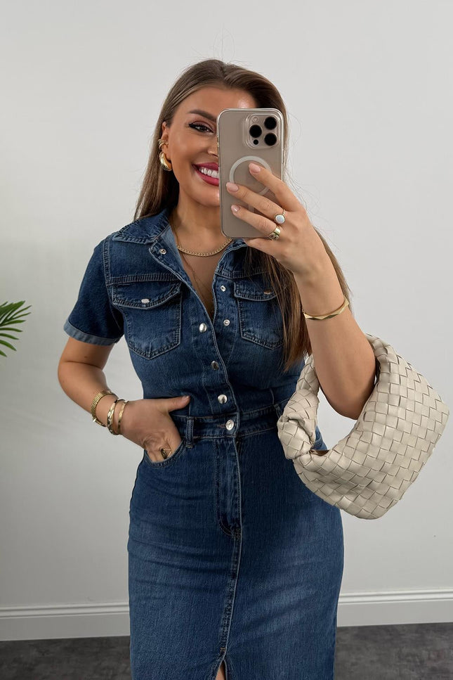 Premium Seri Kısa Kol Midi Boy Jean Elbise