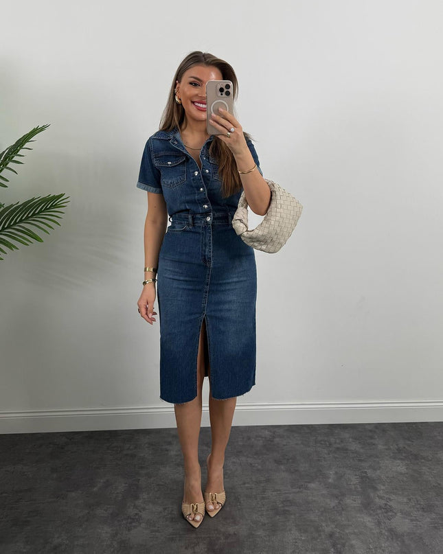 Premium Seri Kısa Kol Midi Boy Jean Elbise