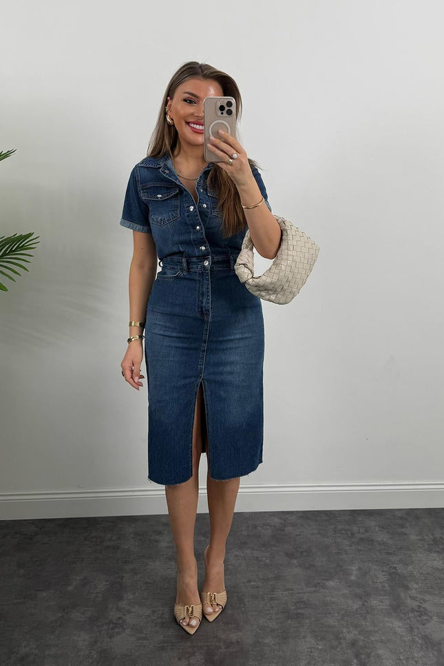 Premium Seri Kısa Kol Midi Boy Jean Elbise
