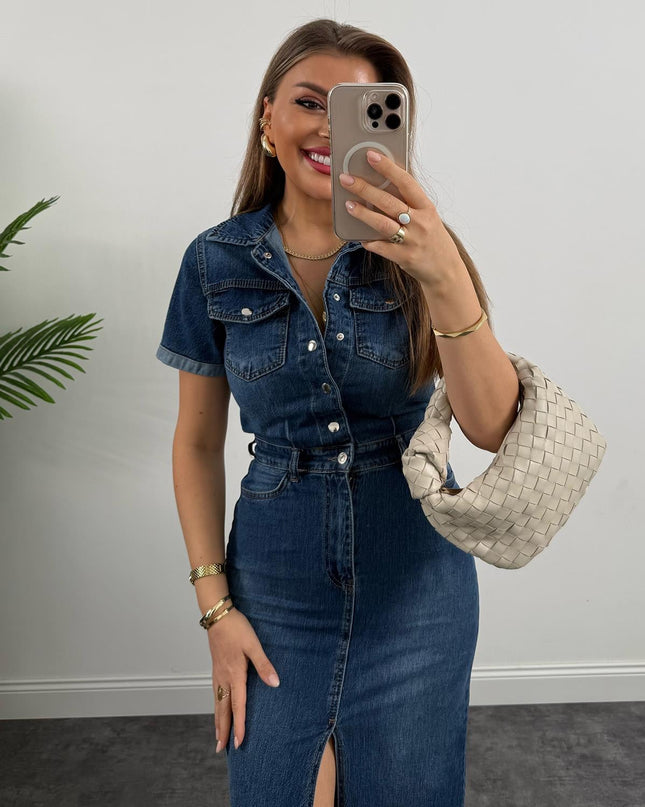 Premium Seri Kısa Kol Midi Boy Jean Elbise